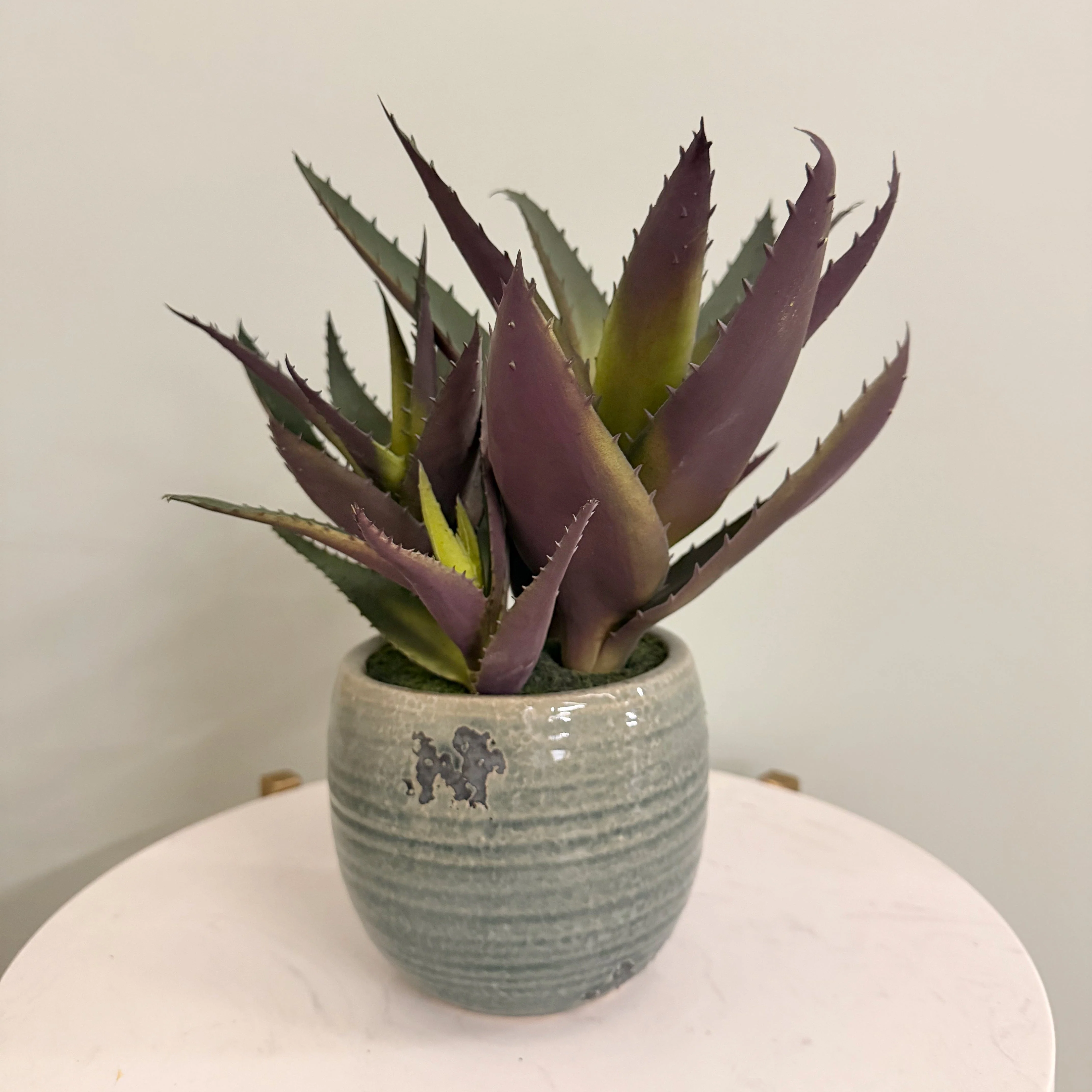 Artificial Green and Purple Aloe Vera in Blue Clay Pot - Image 3