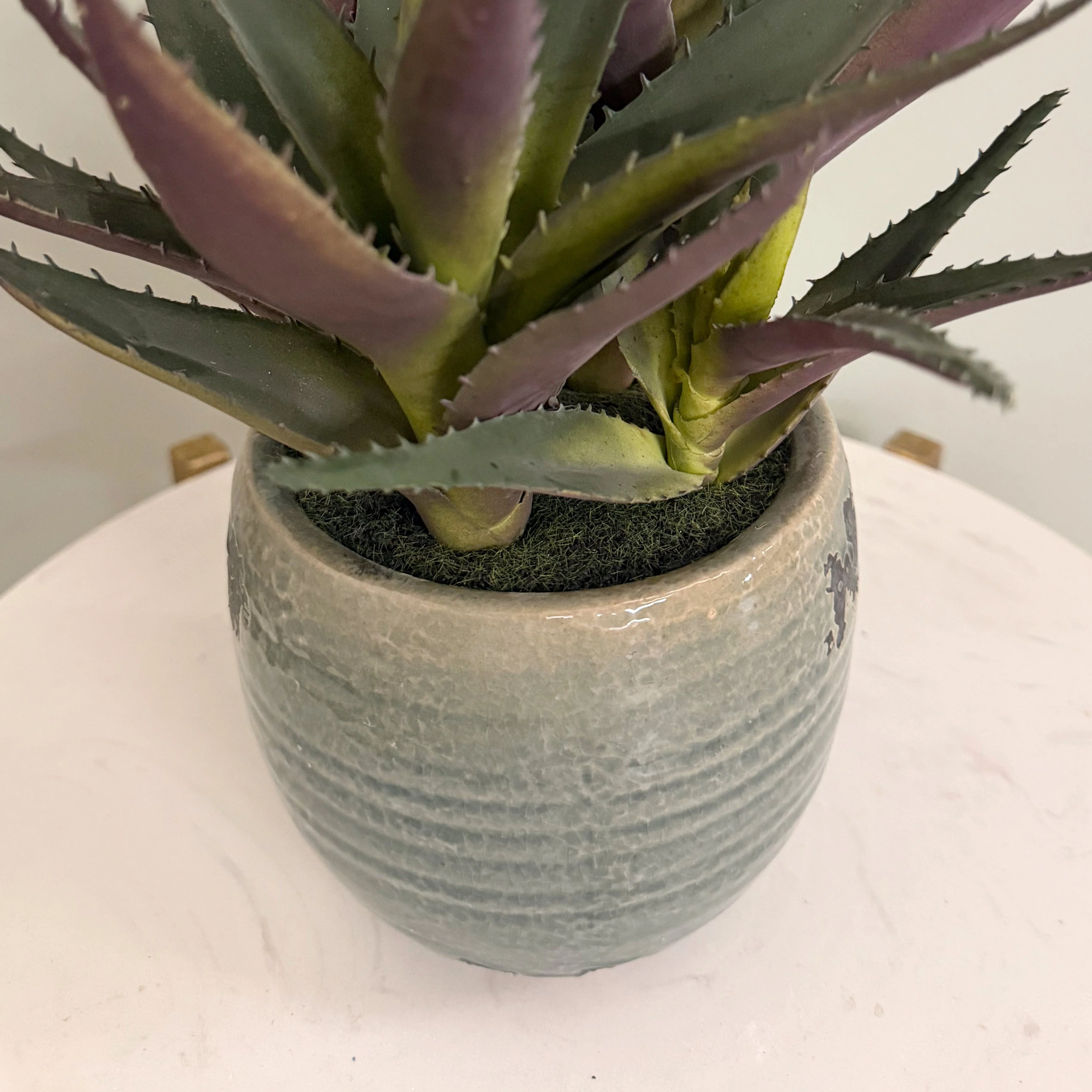 Artificial Green and Purple Aloe Vera in Blue Clay Pot - Image 4