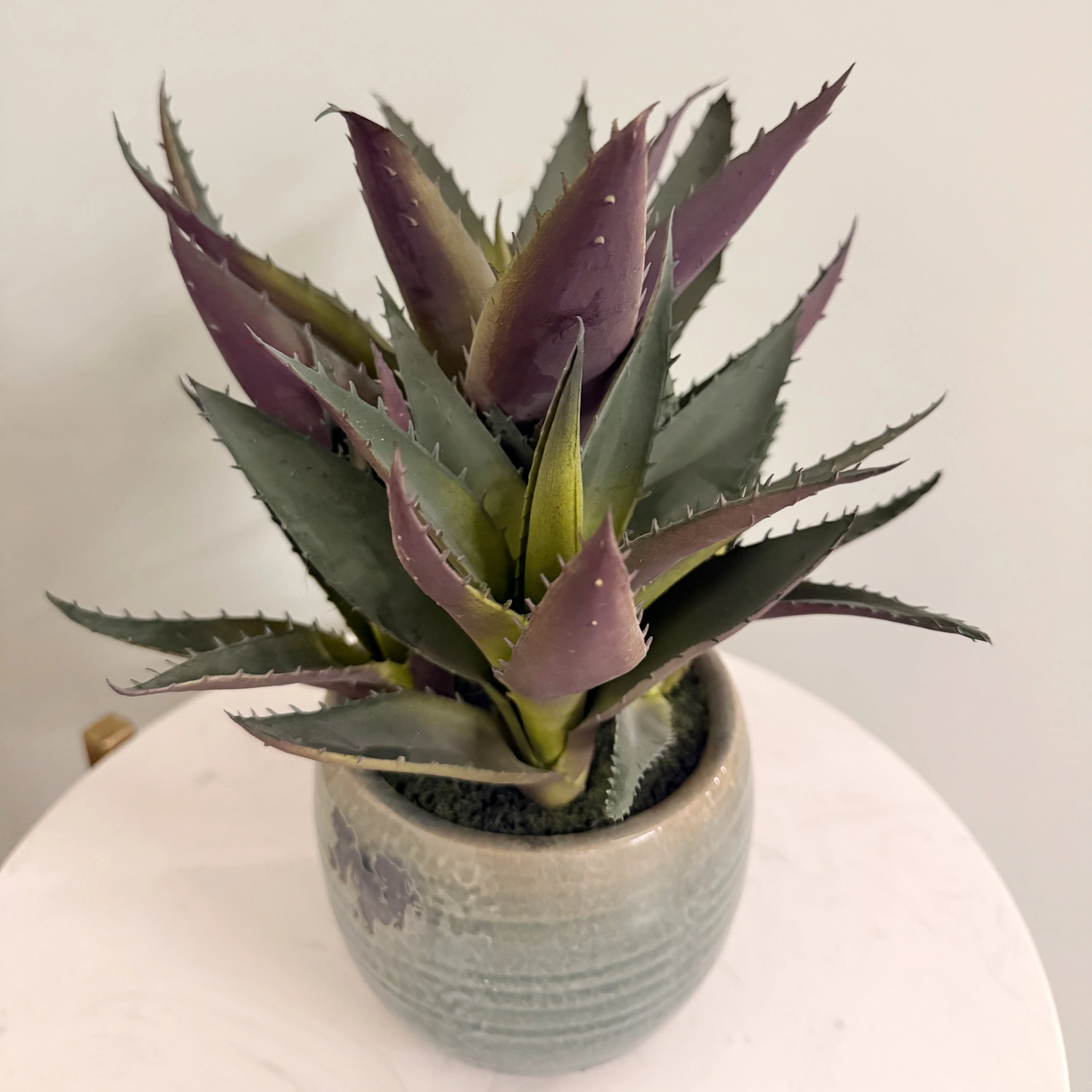Artificial Green and Purple Aloe Vera in Blue Clay Pot - Image 5