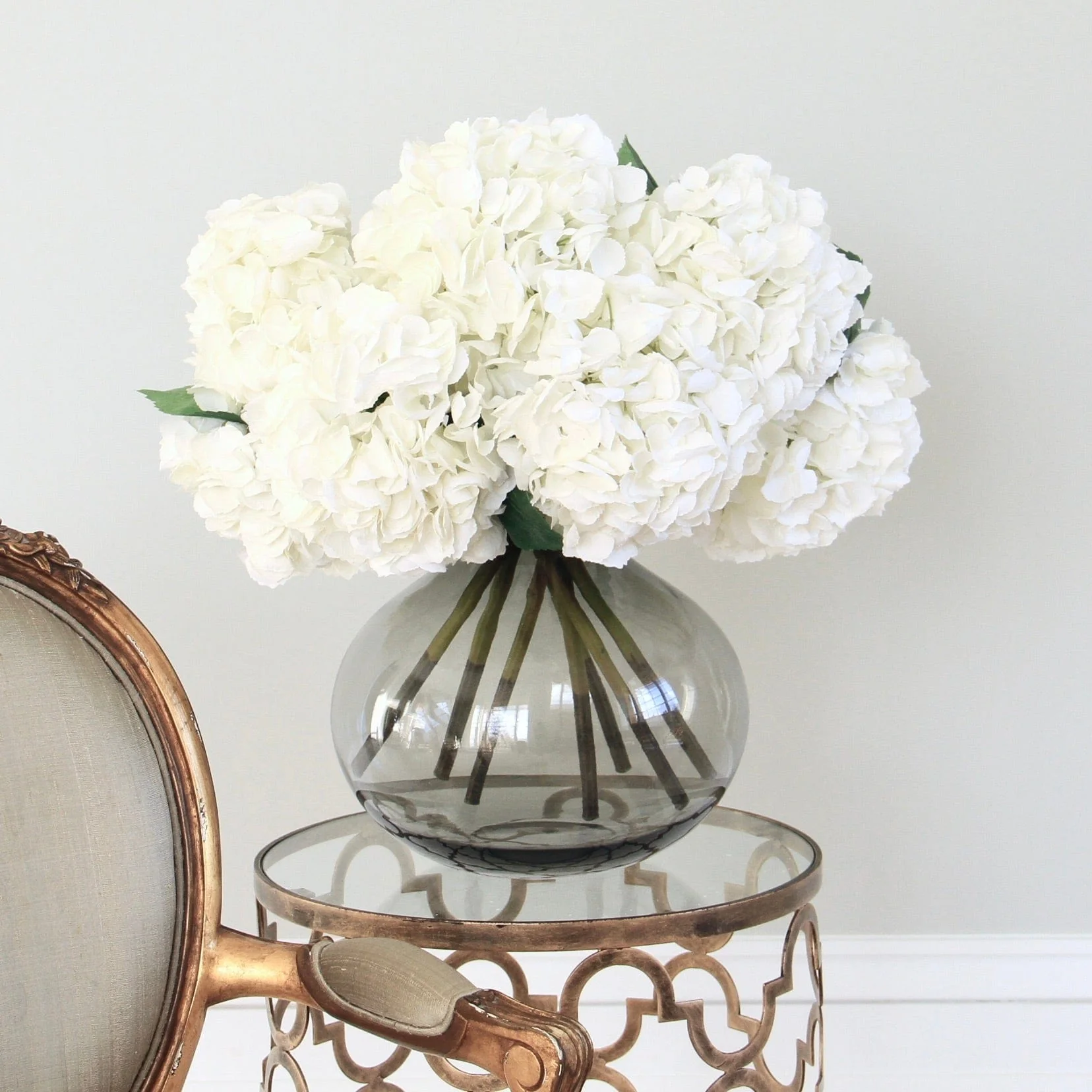White Hydrangea Bouquet & Smoky Grey Bulb Vase Set - Image 2