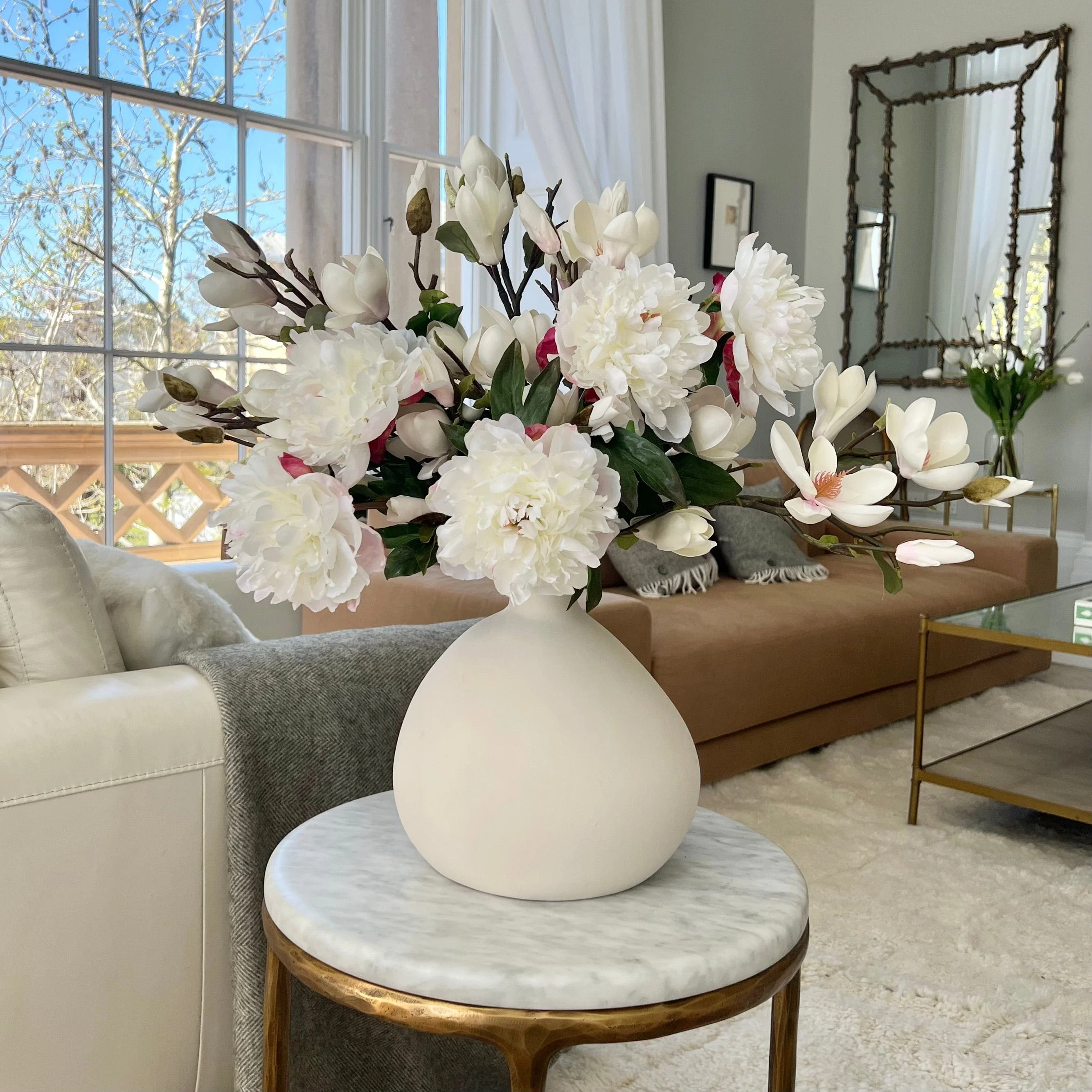 White Peony and Magnolia Bouquet & Burford Vase Set - Image 3