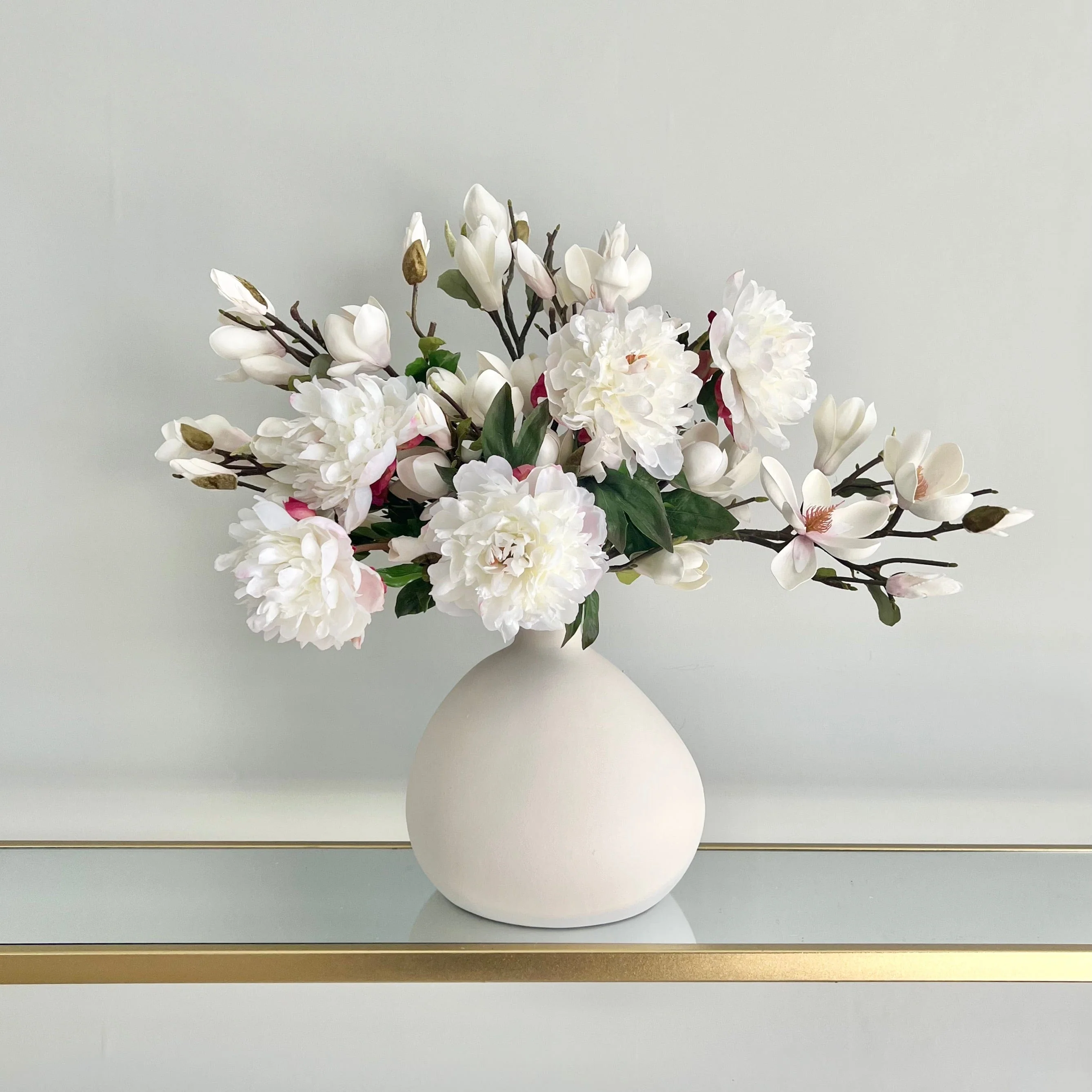 White Peony and Magnolia Bouquet & Burford Vase Set - Image 4
