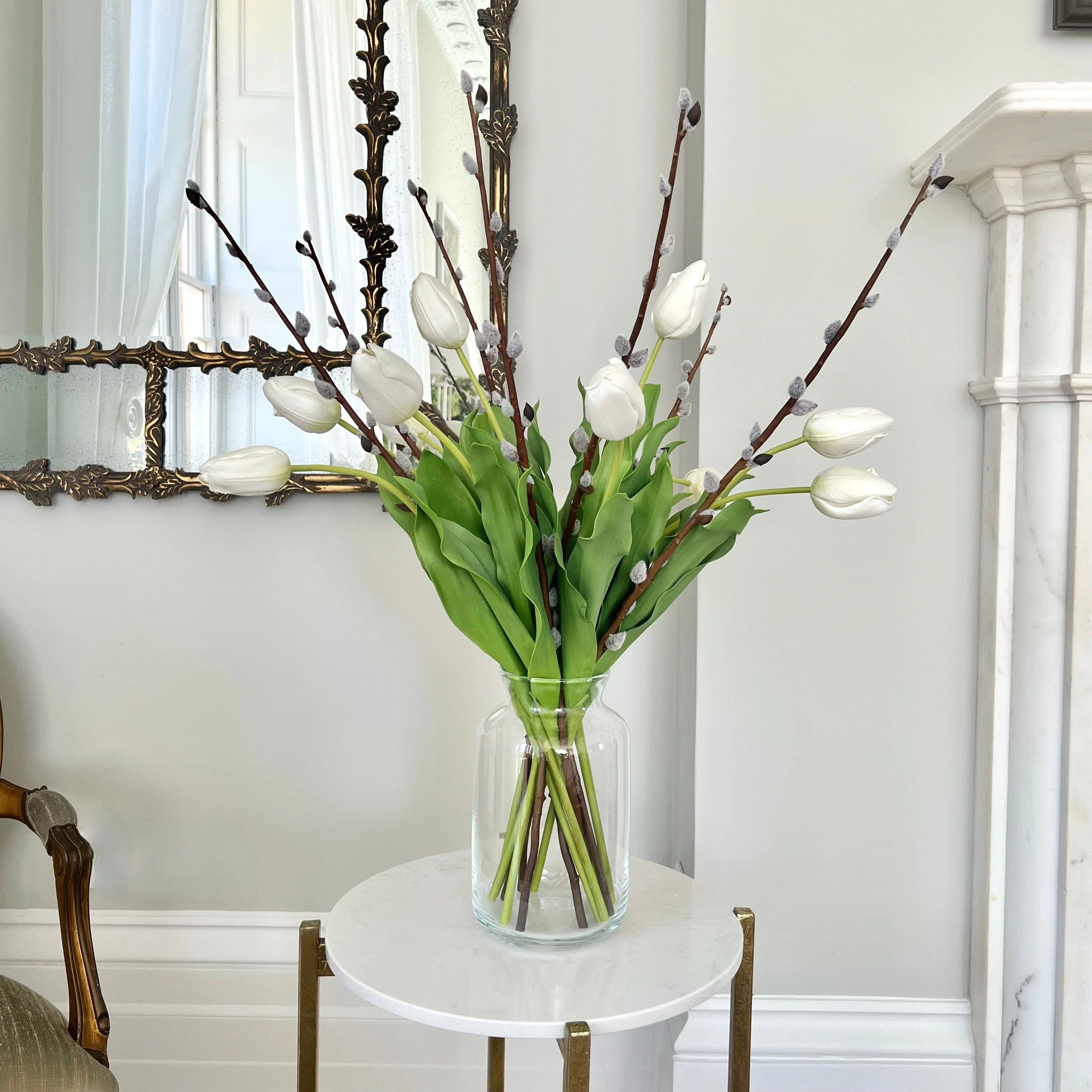 White Tulip and Pussy Willow Bouquet & Clear Funnel Neck Vase Set - Image 3