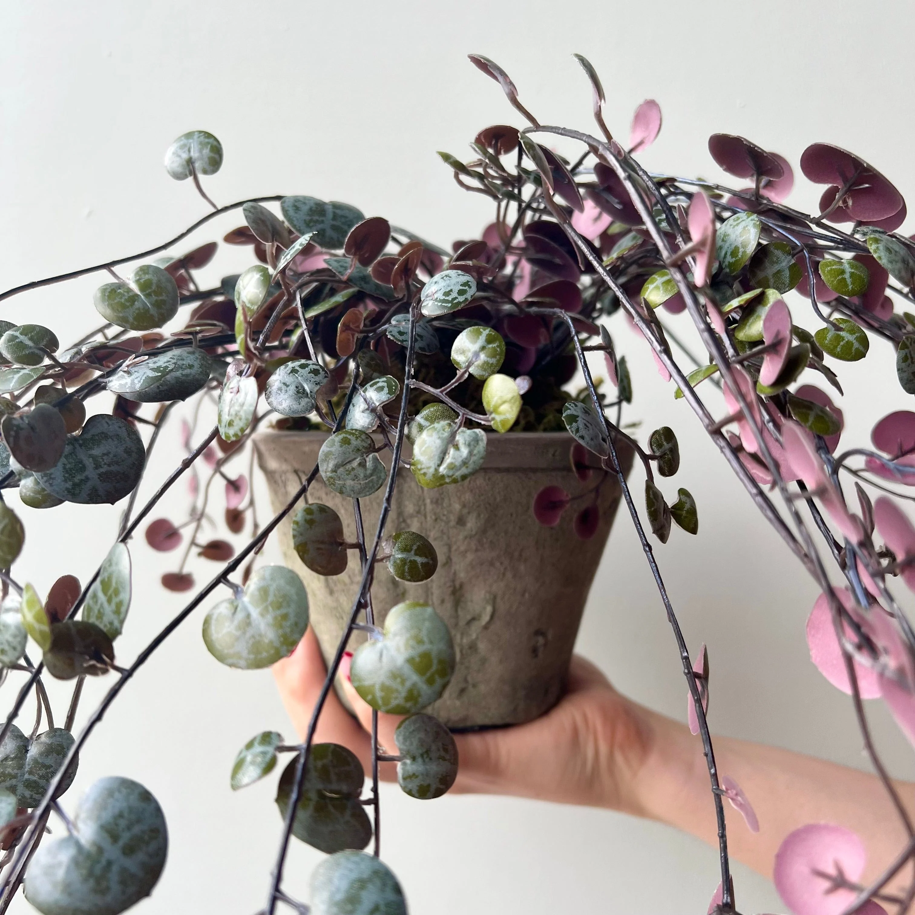 Artificial Purple Hanging Angel Vine Plant with Grey Cement Pot - Image 3