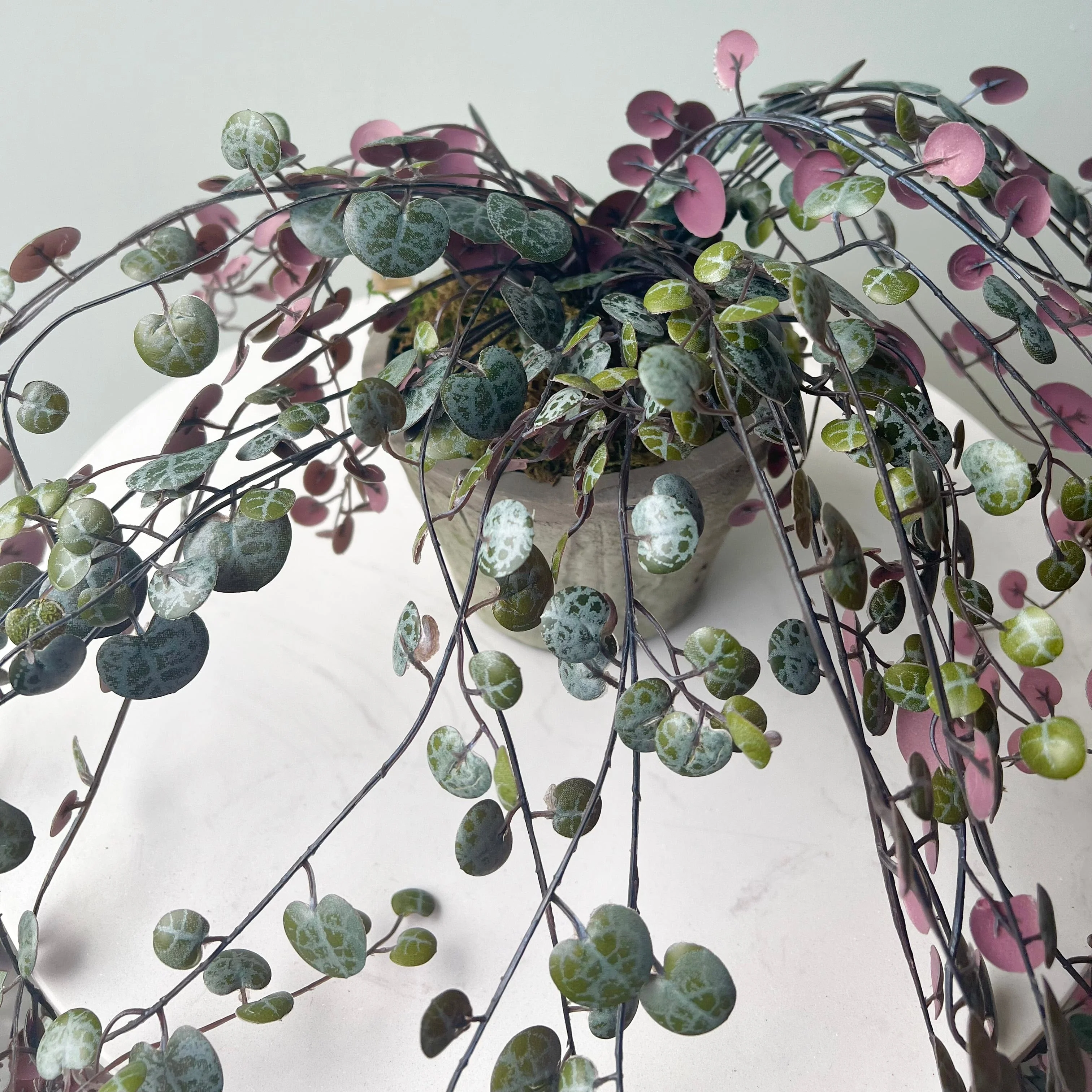 Artificial Purple Hanging Angel Vine Plant with Grey Cement Pot - Image 4