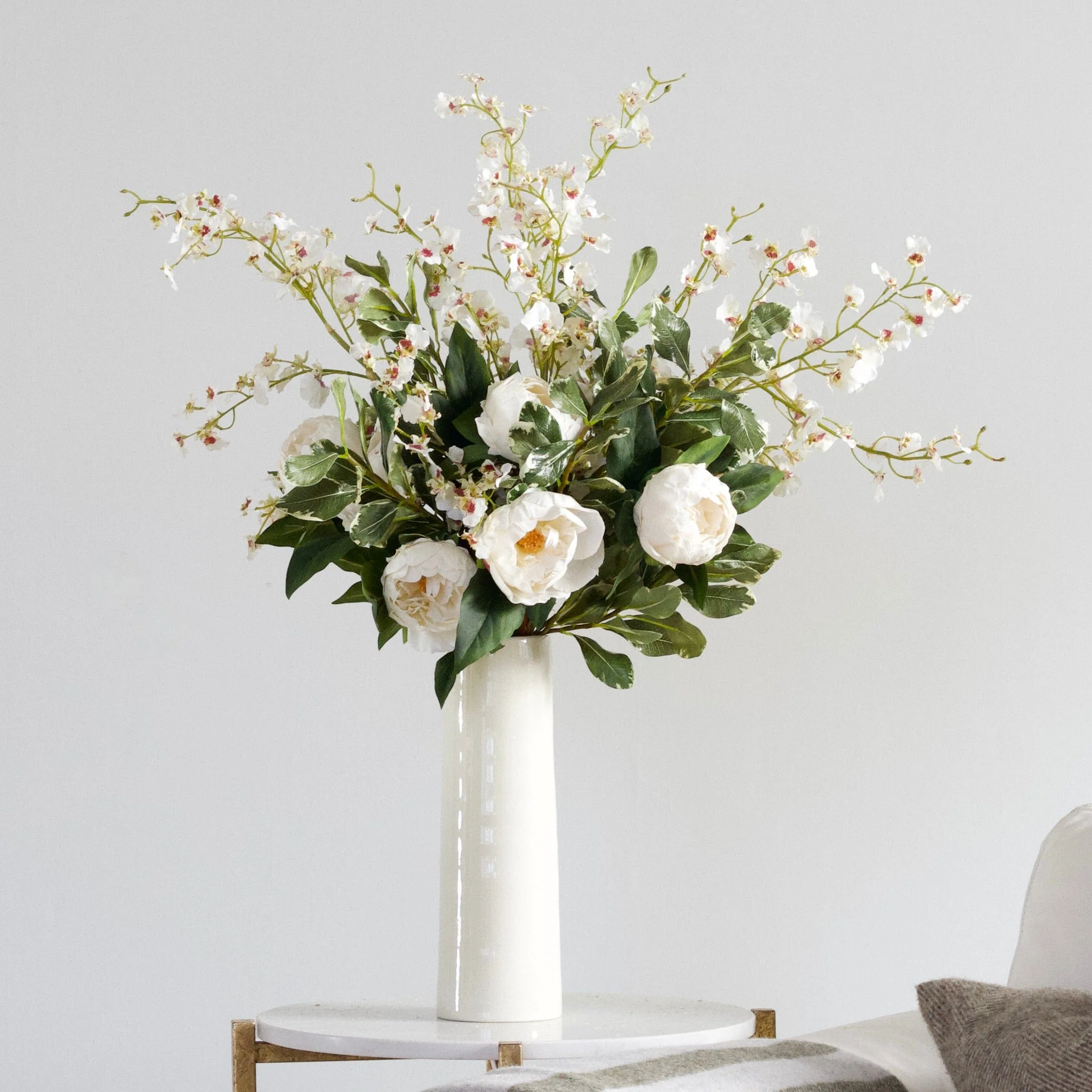 White Peony and Orchid Bouquet & Prestbury Vase Set - Image 3